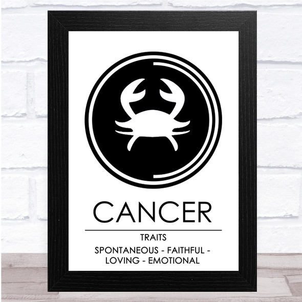 Zodiac Star Sign White & Black Traits Cancer Wall Art Print