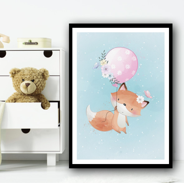 Cute Fox With Balloon Floral Pink Wall Art Print