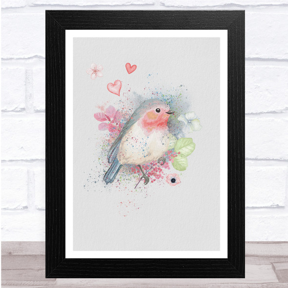 Watercolour Heats Floral Bird Fade Robin Wall Art Print