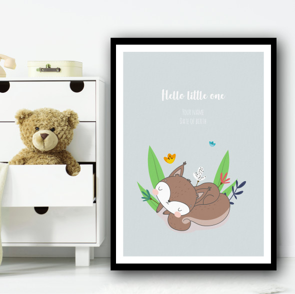 Hello Little One Cute Red Fox Sleeping Floral Personalised Wall Art Print