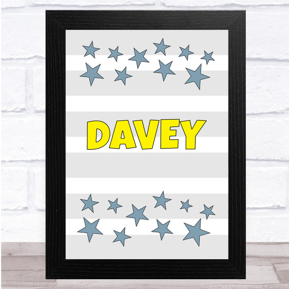 Grey Stripes Stars Yellow Any Name Personalised Wall Art Print