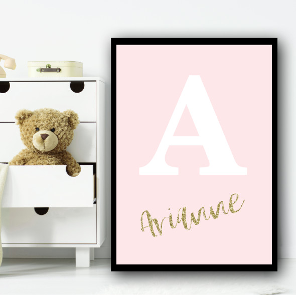 Light Pink Gold Sparkle Any Initial Any Name Personalised Wall Art Print