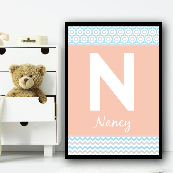 Pastel Pink Zig Zag And Circles Any Name Any Initial Personalised Wall Art Print