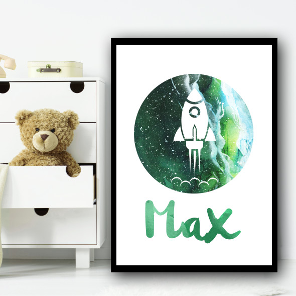 Watercolour Space Rocket Galaxy Moon Green Any Name Personalised Wall Art Print