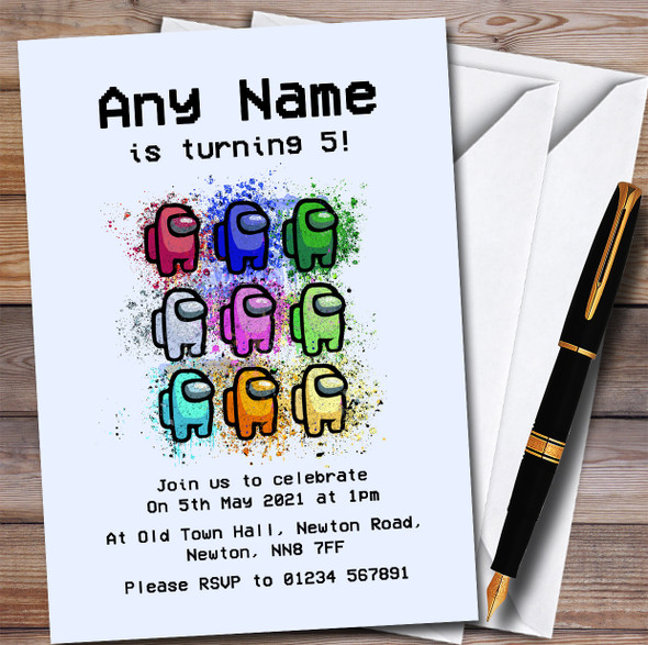 Among Us Group Splatter Grey Children's Personalised Birthday Party Invitations