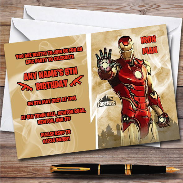 Iron Man Gaming Comic Style Fortnite Skin Children's Birthday Party Invitations