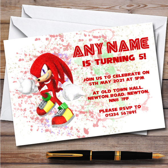 Knuckles Sonic The Hedgehog Splatter Art Children's Birthday Party Invitations