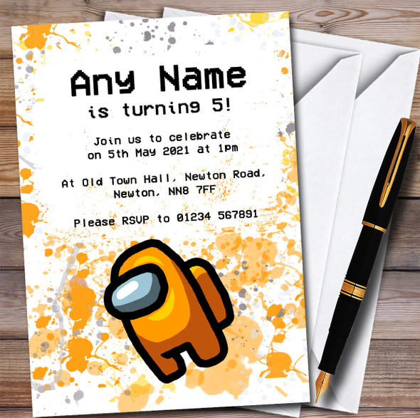 Among Us Orange Splatter Art Children's Personalised Birthday Party Invitations