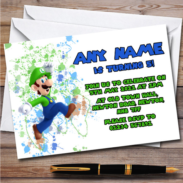 Luigi Super Mario Bros Splatter Art Children's Birthday Party Invitations