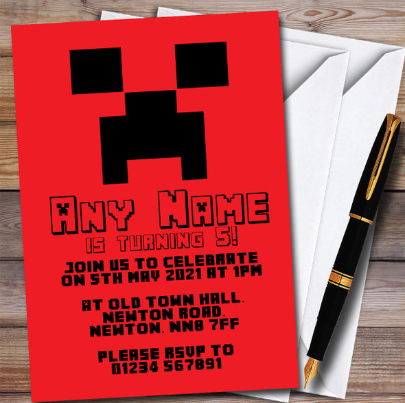 Minecraft Creeper Red Children's Kids Personalised Birthday Party Invitations