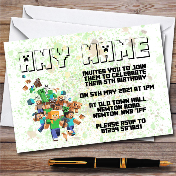 Minecraft Let The Fun Begin Splatter Art Children's Birthday Party Invitations