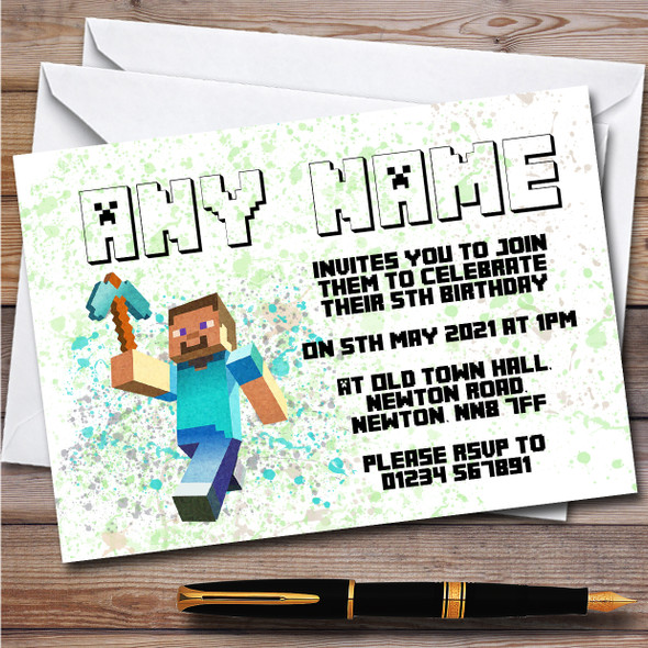 Minecraft Steve Splatter Art Children's Personalised Birthday Party Invitations