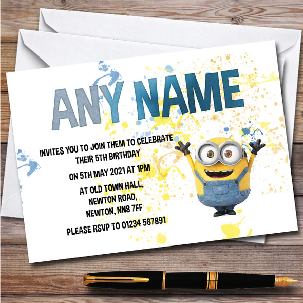 Minions Bob Splatter Art Children's Kids Personalised Birthday Party Invitations