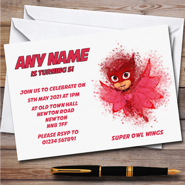 Pj Mask Owlette Watercolour Splatter Children's Birthday Party Invitations