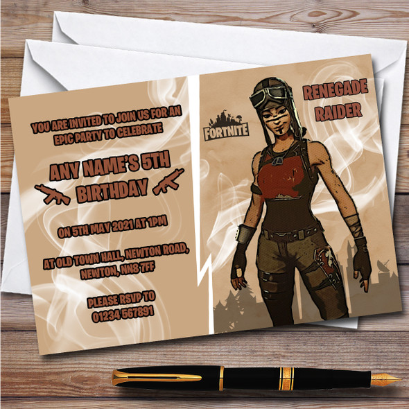 Renegade Raider Gaming Comic Style Fortnite Skin Birthday Party Invitations