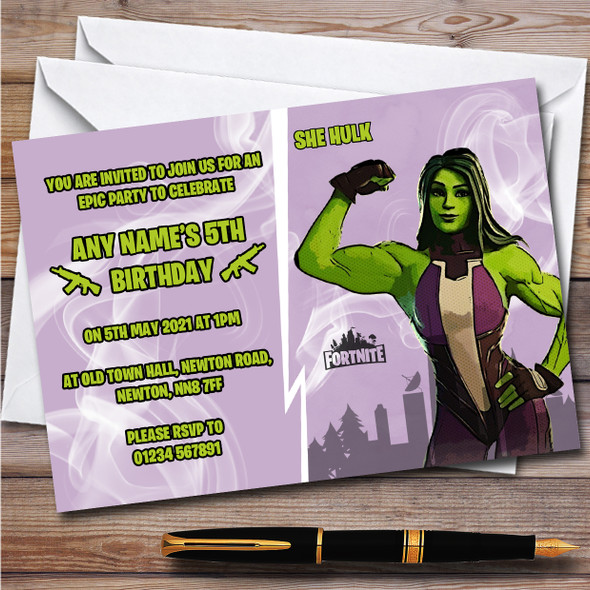 She Hulk Gaming Comic Style Fortnite Skin Children's Birthday Party Invitations