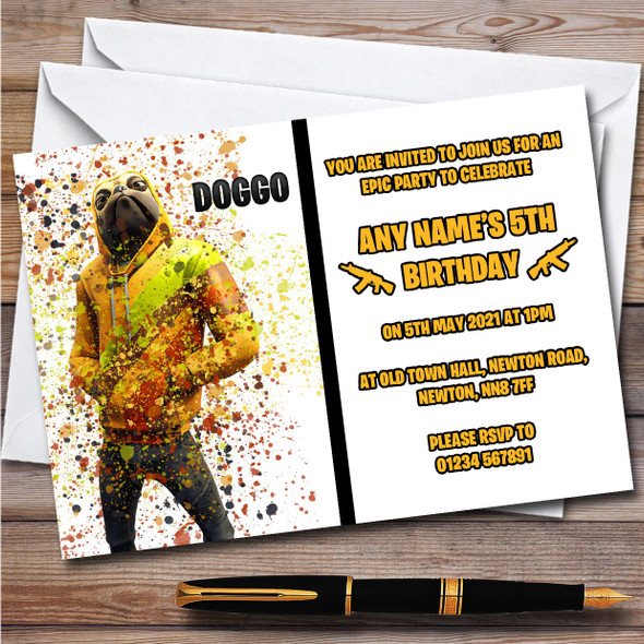 Splatter Art Gaming Fortnite Doggo Children's Birthday Party Invitations