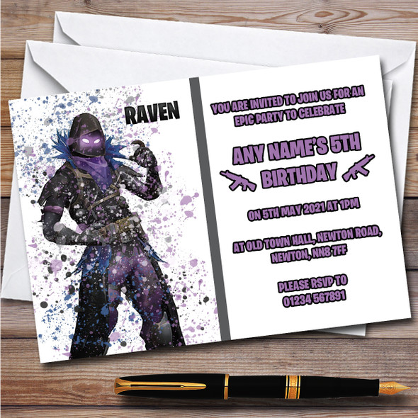 Splatter Art Gaming Fortnite Raven Children's Birthday Party Invitations