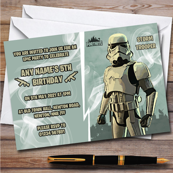 Storm Trooper Gaming Comic Style Fortnite Skin Birthday Party Invitations