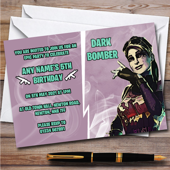 Dark Bomber Gaming Comic Style Fortnite Skin Birthday Party Invitations