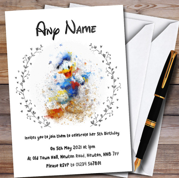 Donald Duck Watercolour Splatter Children's Birthday Party Invitations