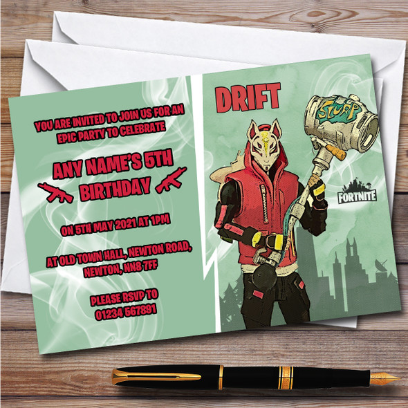 Drift Gaming Comic Style Fortnite Skin Children's Birthday Party Invitations