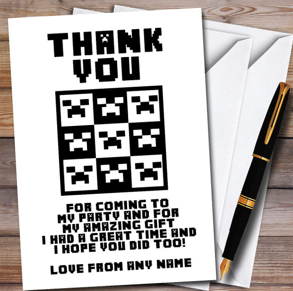 Minecraft Black & White Creepers Children's Birthday Party Thank You Cards