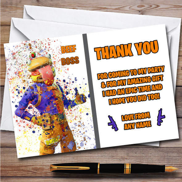 Splatter Art Gaming Fortnite Beef Boss Children's Birthday Party Thank You Cards