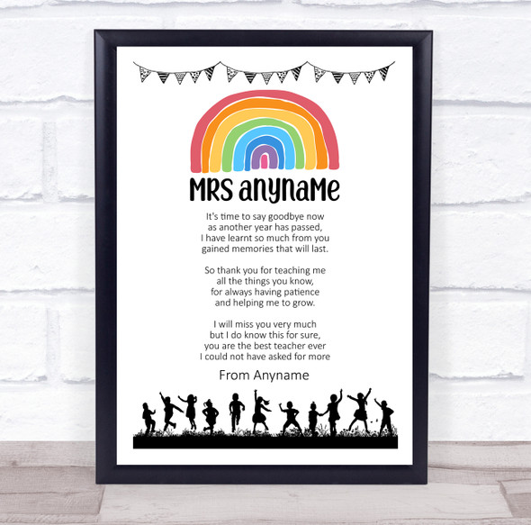 Rainbow Thank You Poem Teacher Kids Dancing Personalised Wall Art Print