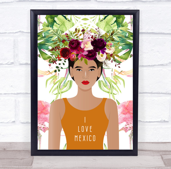 Vibrant Patriotic I Love Mexico Lady Floral Crown Wall Art Print