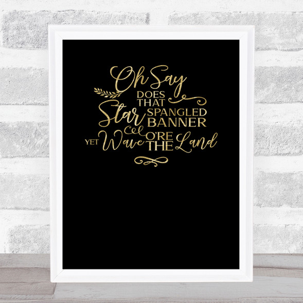 America Star Spangled Banner Quote Gold On Black Wall Art Print