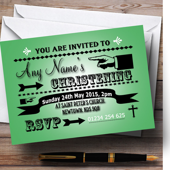 Green Typography Word Art Vintage Christening Party Customised Invitations