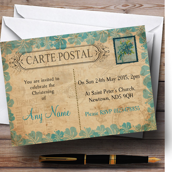 Shabby Chic Vintage Postcard Rustic Turquoise Stamp Christening Party Customised Invitations