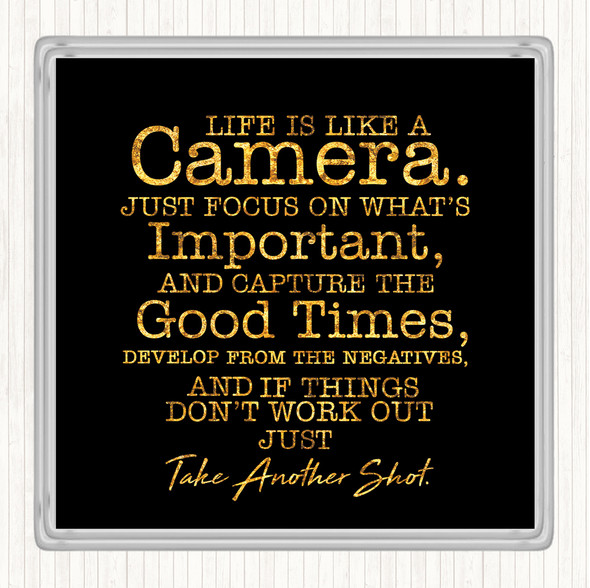 Black Gold Camera Quote Coaster