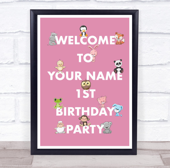 Pink Background Cute Animals Birthday Personalised Event Party Decoration Sign