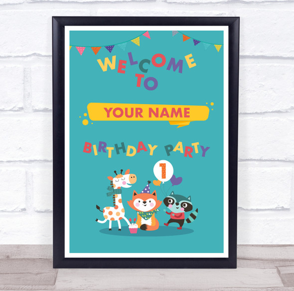 Cartoon Animals Blue Welcome To Birthday Personalised Event Party Sign