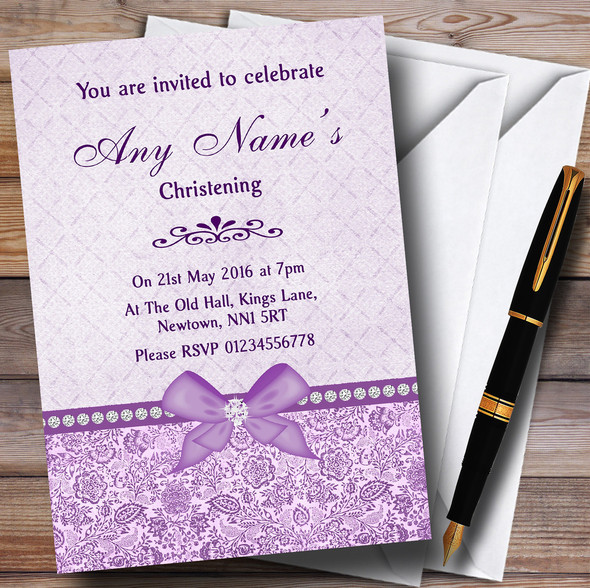 Pretty Floral Vintage Bow & Diamante Lilac Customised Christening Invitations