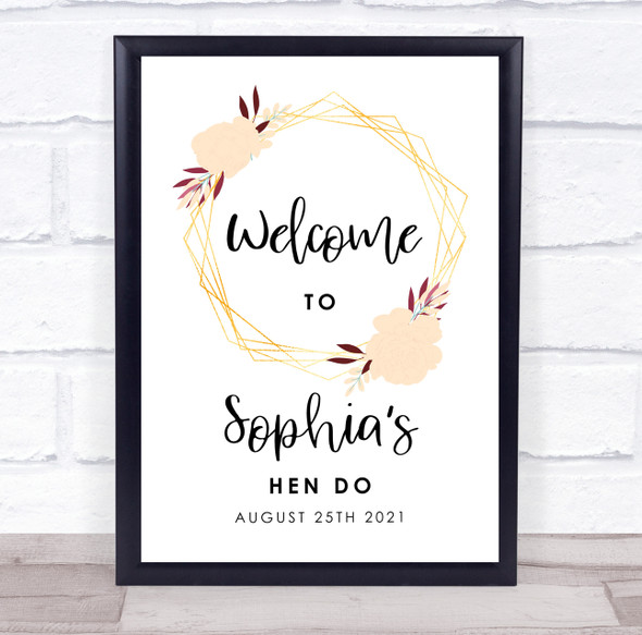 Peach Floral Gold Geometric Welcome Hen Do Personalised Event Party Sign