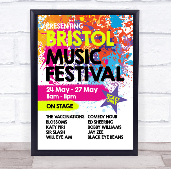 Live Music Festival Paint Splatter Music Acts Personalised Event Party Sign