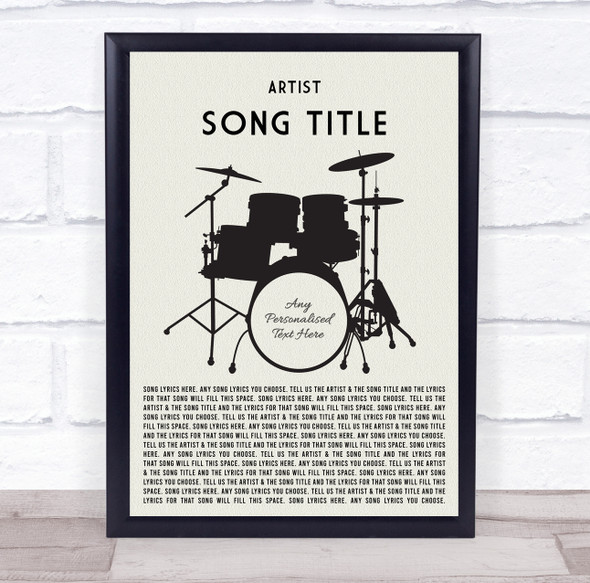 Drum Kit Black Any Song Lyric Personalised Music Wall Art Print