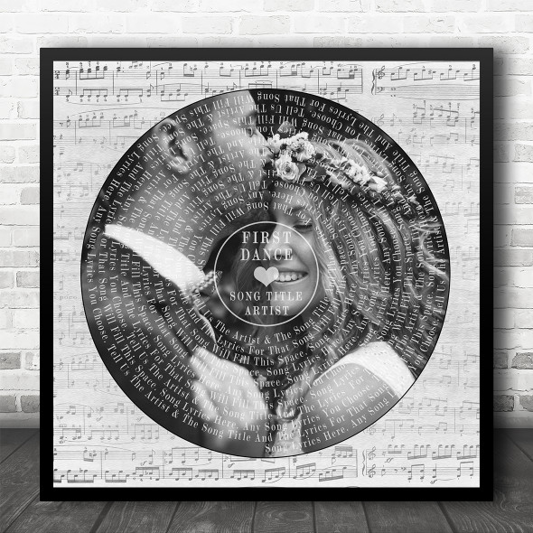Square Vinyl Record Wedding Photo Grey Script Any Song Lyric Wall Art Print