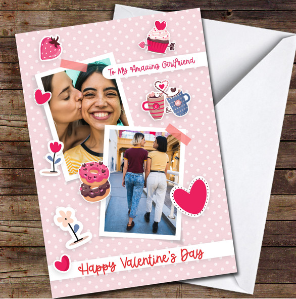 Pink Background And Cute Stickers Your Photo Personalised Valentine's Day Card