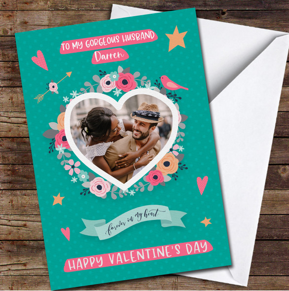 Your Photo With Stickers Green Background Personalised Valentine's Day Card