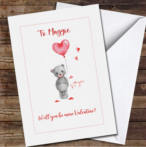 Minimalist Cute Grey Teddy Bear Holding Red Heart Balloon Valentine's Day Card