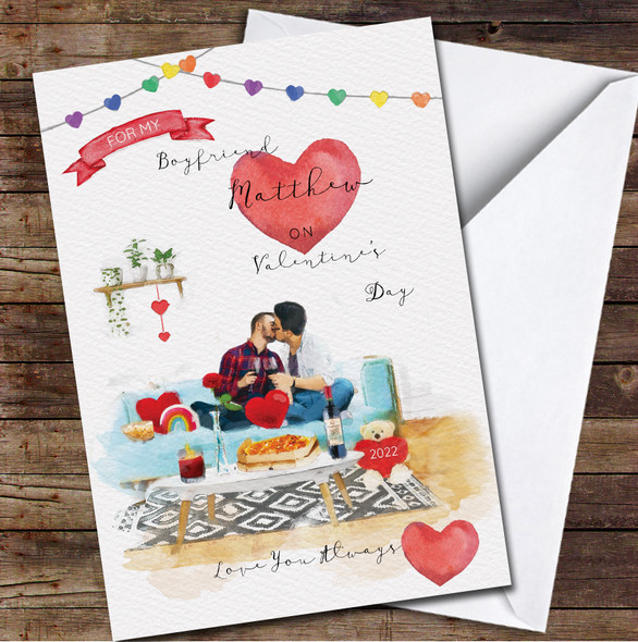 Boyfriend Gay Sofa Cosy Indoor Dinner Watercolour Valentine's Day Card