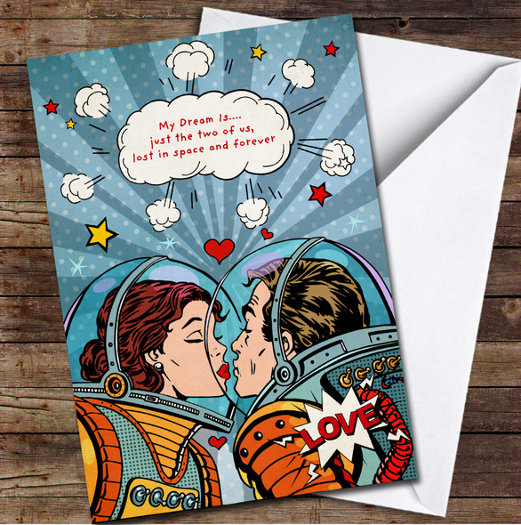 Comic Style Kiss Space Man And Woman Astronauts Valentine's Day Card