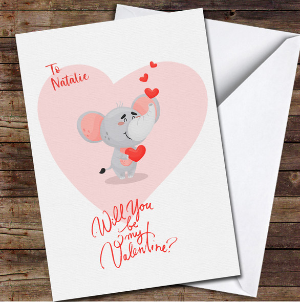 Cute Happy Elephant Holding Heart Personalised Valentine's Day Card