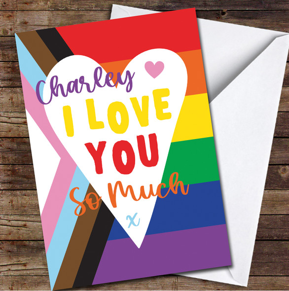 Lgbtq Progress Flag Typographic Personalised Valentine's Day Card