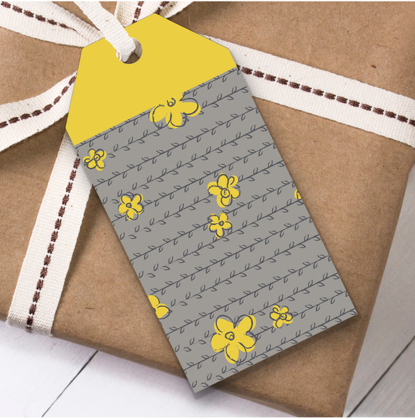 Drawn Grey And Yellow Flowers Scribble Birthday Present Favor Gift Tags