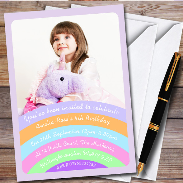 Photo Pastel Rainbow Personalised Children's Kids Birthday Party Invitations